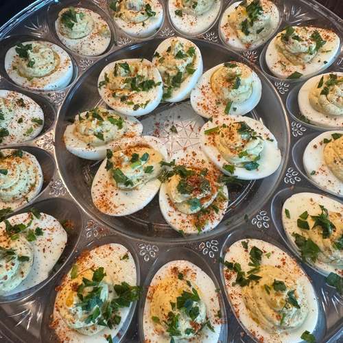 Deviled eggs with herbs and chili