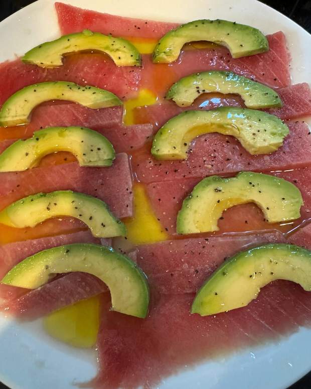 Watermelon and avocado carpaccio with olive oil and pepper